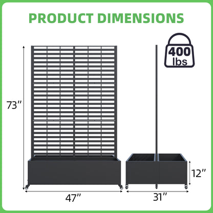 EROMMY Dual Metal Planter Box with Trellis, 73"x47"x31" Raised Garden Bed with Wheels and Drainage Holes, Planter with Trellis for Garden, Balcony & Patio, Black