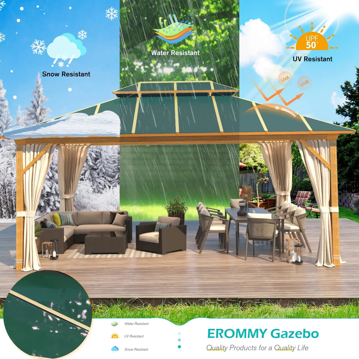 EROMMY 12X16 Gazebo with Wooden Grain Coated Aluminum Frame