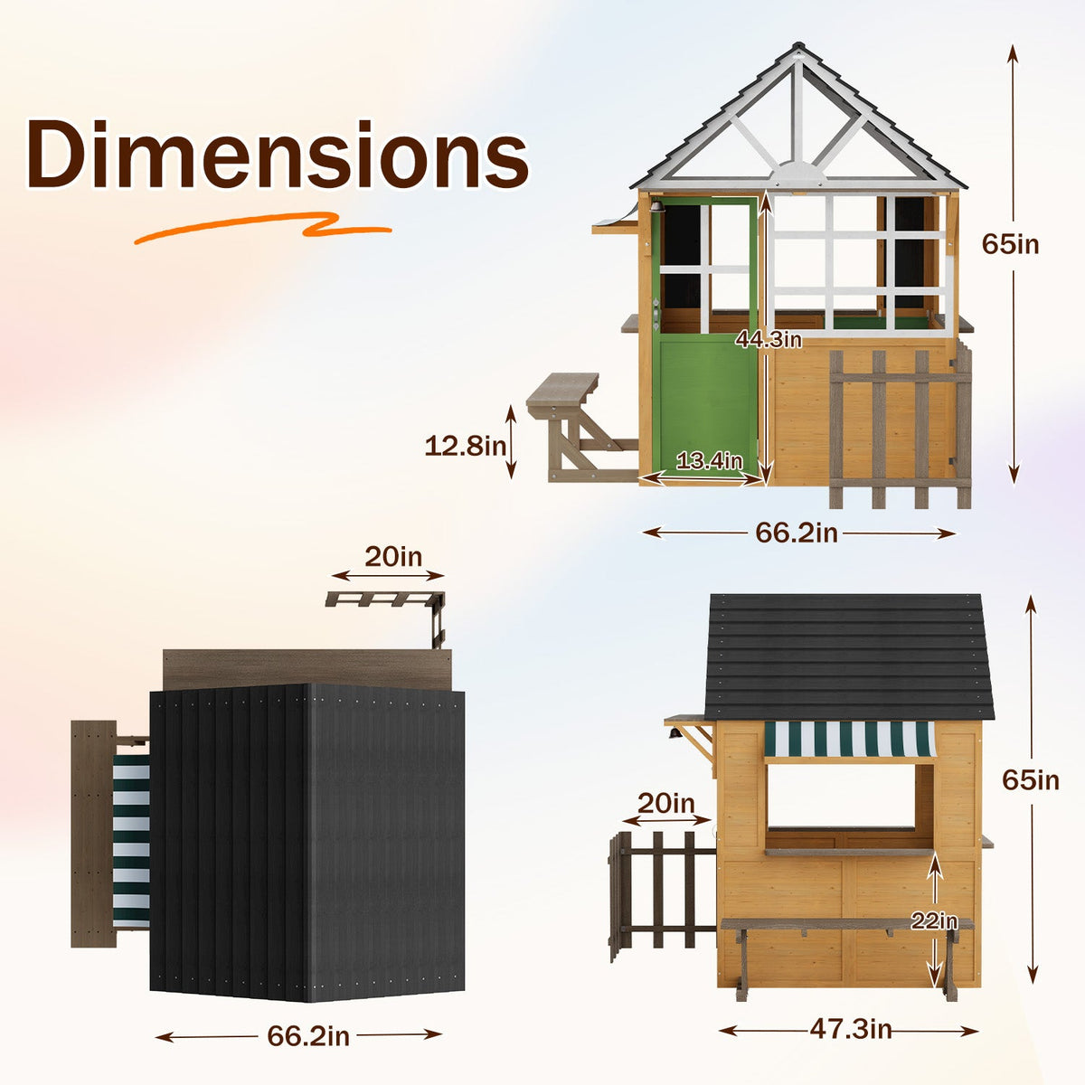 EROMMY Outdoor Play House for Kids, Wooden Kids Playhouse with Kitchen Toys, Blackboard,Chalks,Eraser,Magnetic Door, Bench, Foldable Sunshade Canopy,Bell, Pet Hole, Clock,Wood Color