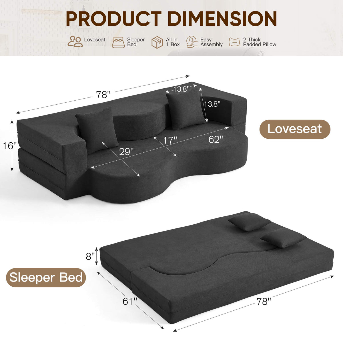 EROMMY Folding Sofa Bed, Floor Sofa Couch, Convertible Sofa Bed With High Density Foam, Foldable Floor Couch Bed