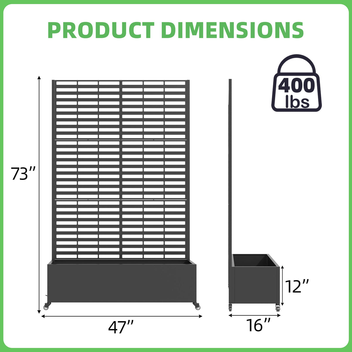 EROMMY Metal Planter Box with Trellis, 73"x 47"x 16" Raised Garden Bed with Wheels and Drainage Holes, Planter with Trellis for Garden, Balcony and Patio, Black