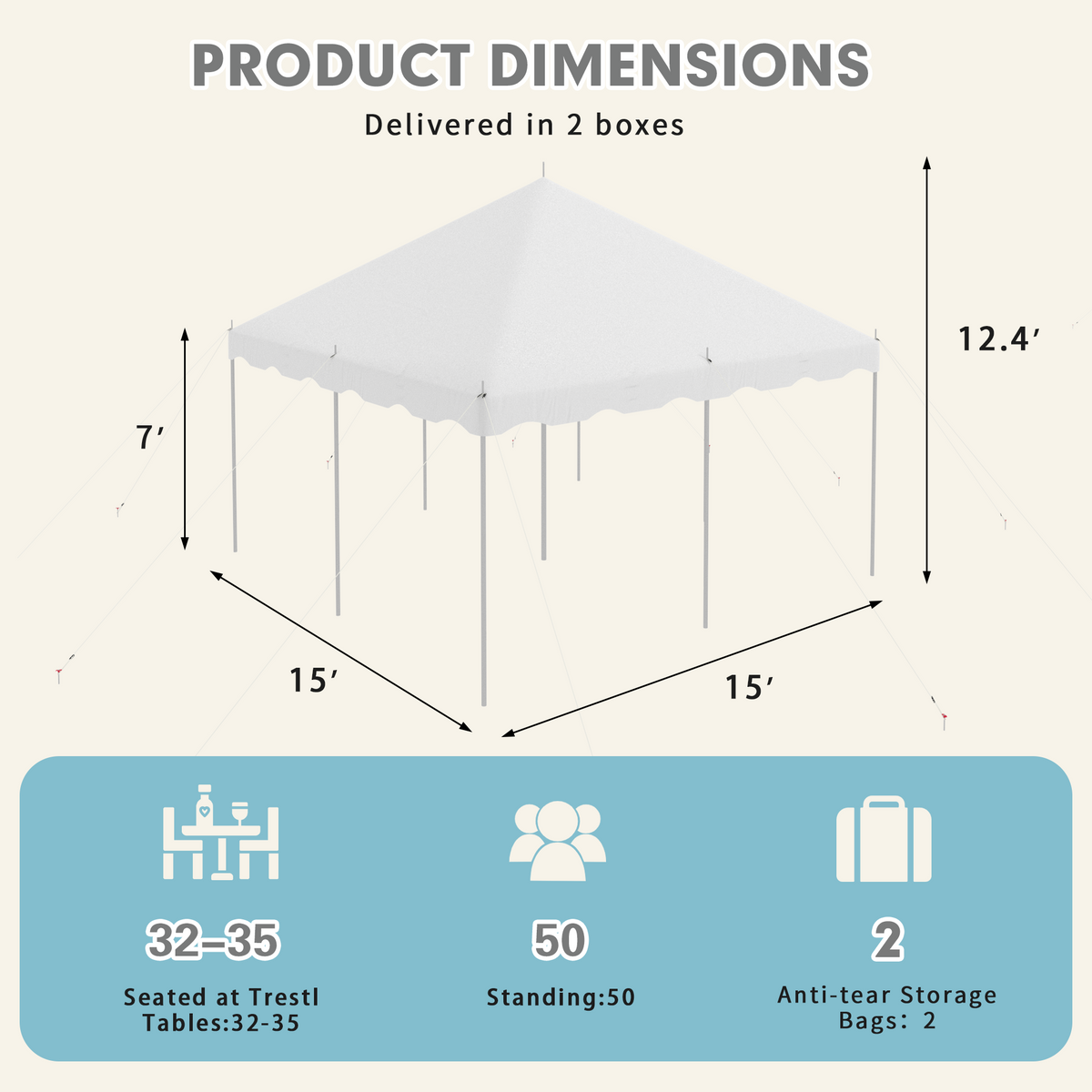 EROMMY 15x15ft Pole Party Tent, Heavy Duty Outdoor Canopy with Carry Bags, Large White Event Tent for 40 People, Ideal for Parties, Weddings, and Gatherings