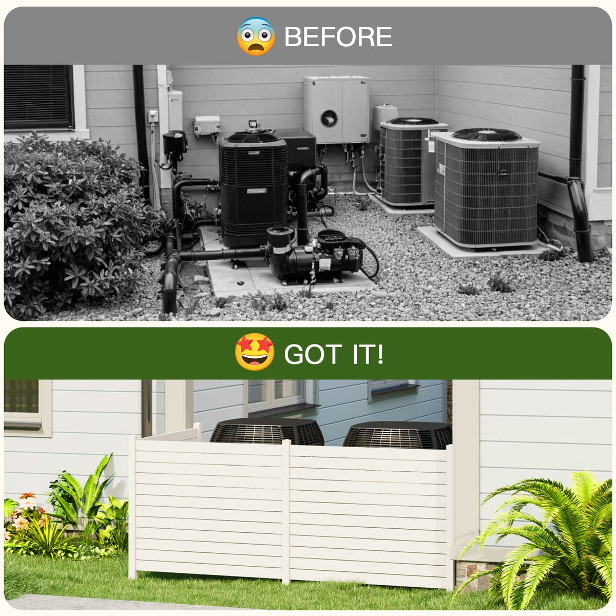 EROMMY Outdoor Privacy Fence, 48in H x 48in W Air Conditioner Fence，No Dig Trash Can Fence, 3 Fence Panels Pool Equipment Enclosure, Horizontal PVC Privacy Screen with 18 in Ground Stakes,White