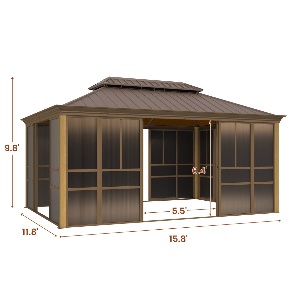 EROMMY 12'*16' Sunroom, with Front Door, Side Entrance, Galvanized Steel Double Top, Wood Grain Appearance, Aluminum Alloy Frame, Solarium Backyard Sun Room