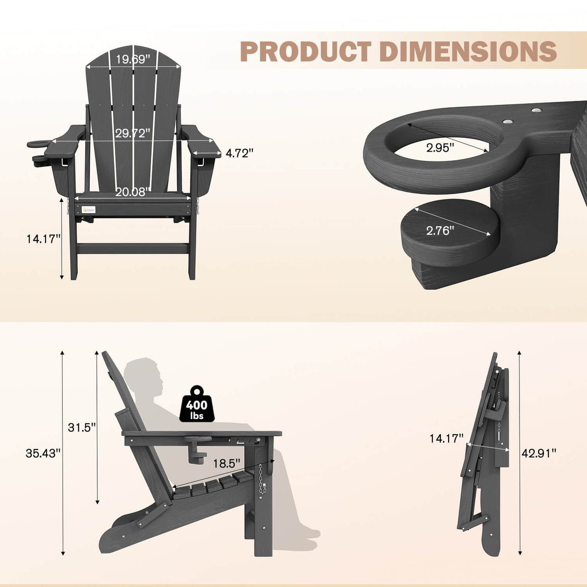EROMMY 3-Position Adjustable Adirondack Chairs Set of 2, 400LBS HDPE Folding Outdoor Chairs with Cup Holder, Gray