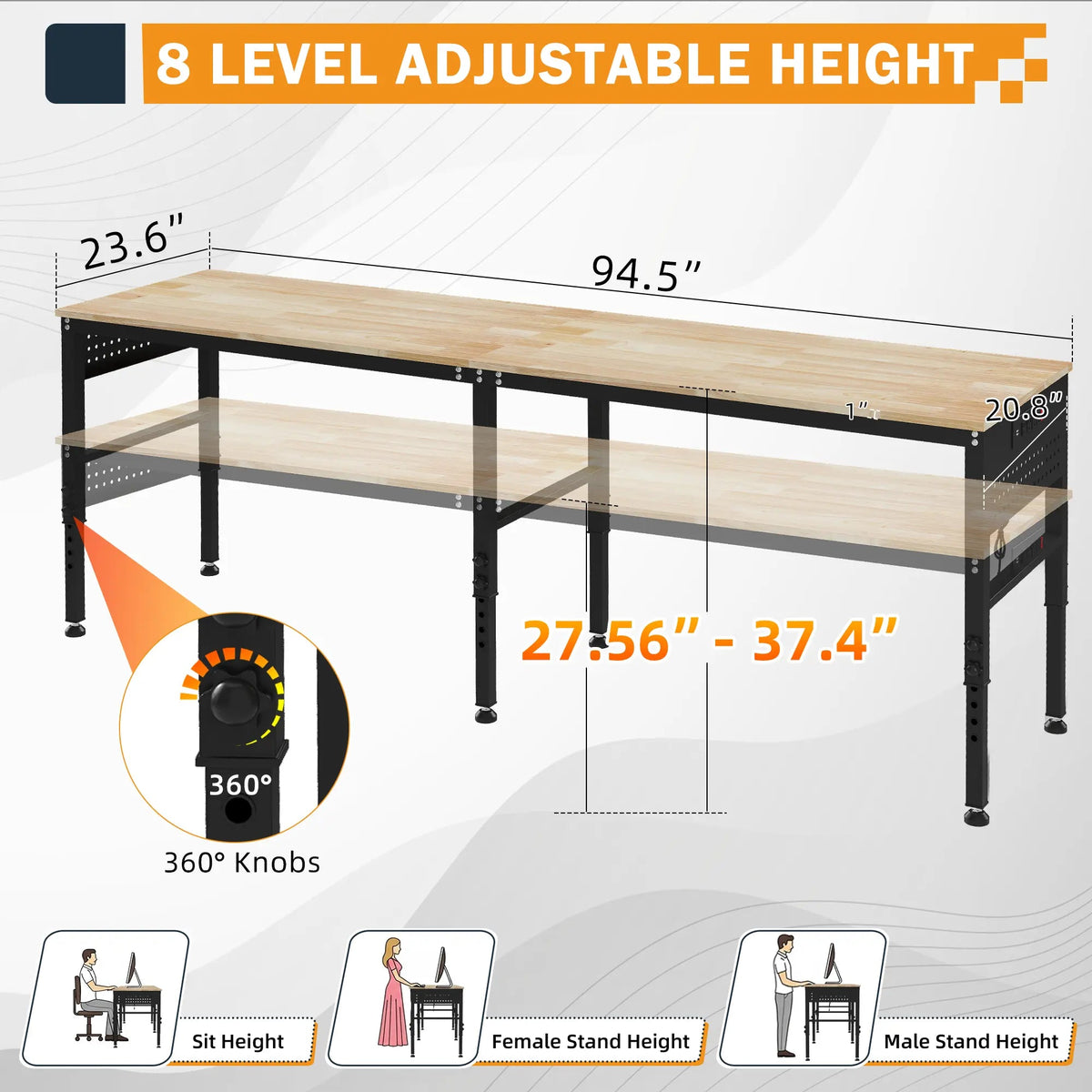 EROMMY 96" Adjustable Heavy Duty Workbench with Power Outlets & Pegboard, 2000 LBS Capacity Rubber Wood Top Work Table for Garage, Workshop, Home & Commercial