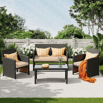 EROMMY 4-Piece Patio Furniture Set, Outdoor Wicker Patio Conversation Set with Cushions, Sofa & Glass Coffee Table, Khaki