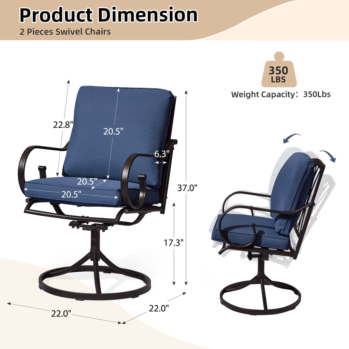 Erommy  Patio Swivel Chair Set of 4, Outdoor Dining Chairs with Cushions, Blue