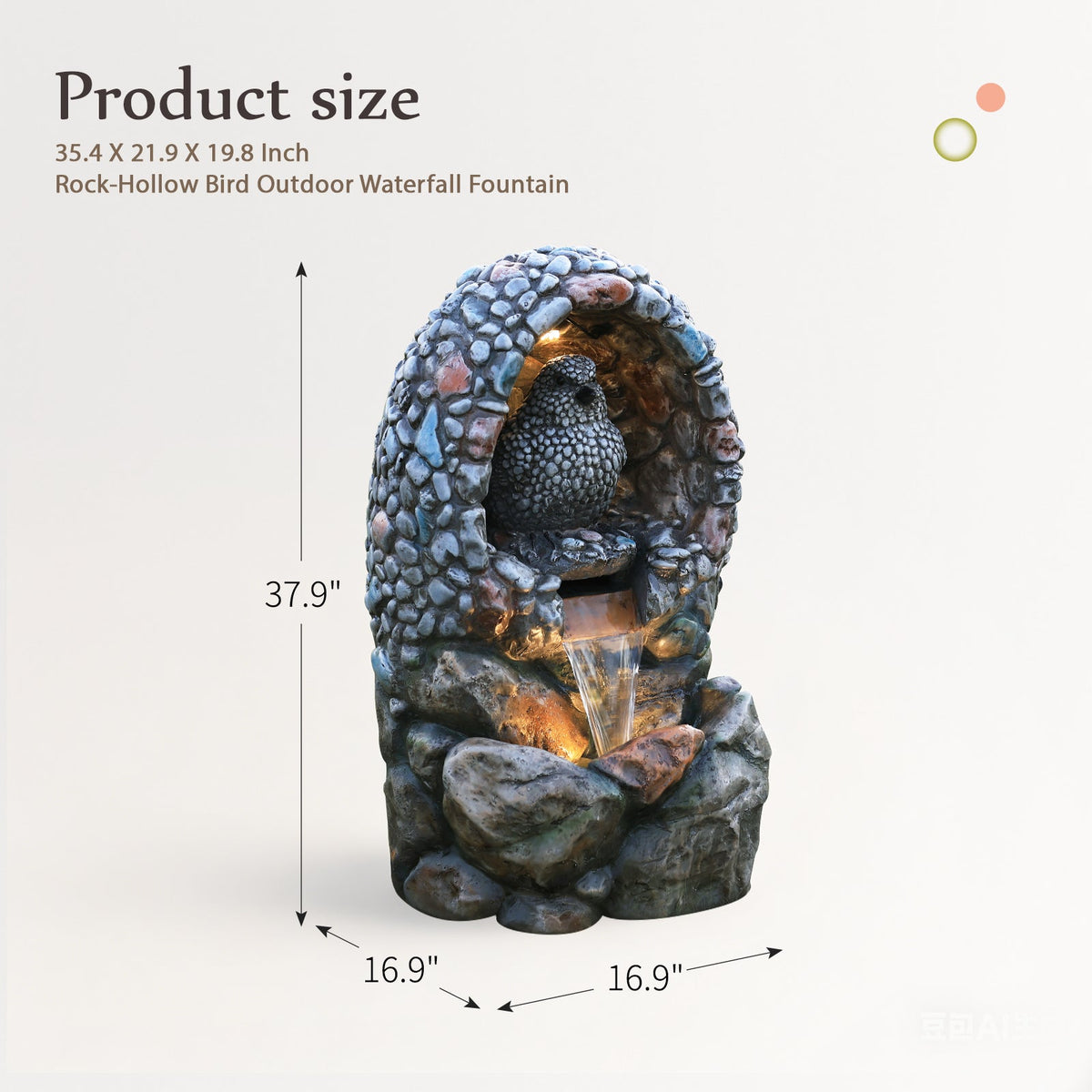EROMMY Outdoor Water Fountain - Rock-Hollow Bird Outdoor Waterfall Fountain with LED Lights Effect for Patio Deck Yard Home, Gray