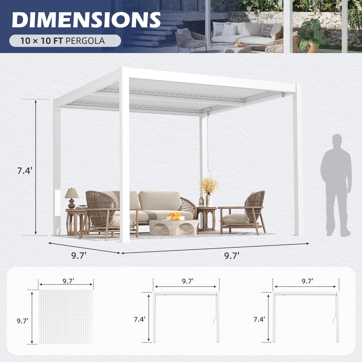 EROMMY 10' x 10' Outdoor Pergola with Adjustable Louvered Roof & Integrated Drainage, White