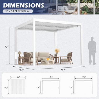 EROMMY 10' x 10' Outdoor Pergola with Adjustable Louvered Roof & Integrated Drainage, White