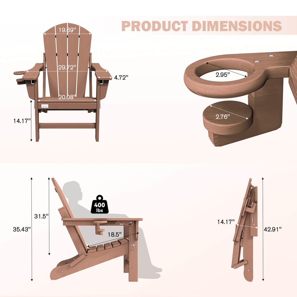 EROMMY 3-Position Adjustable Adirondack Chairs Set of 4, 400LBS HDPE Folding Outdoor Chairs with Cup Holder, Teak
