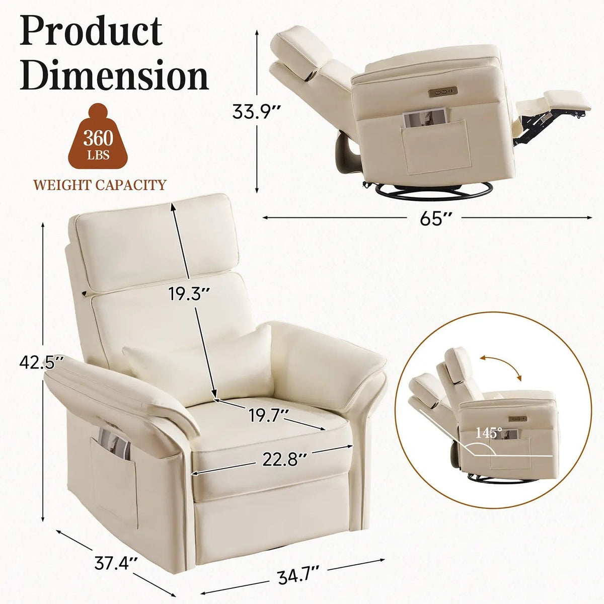 EROMMY Power Swivel Rocking Recliner Chair with Adjustable Headrest and Armrests, Beige