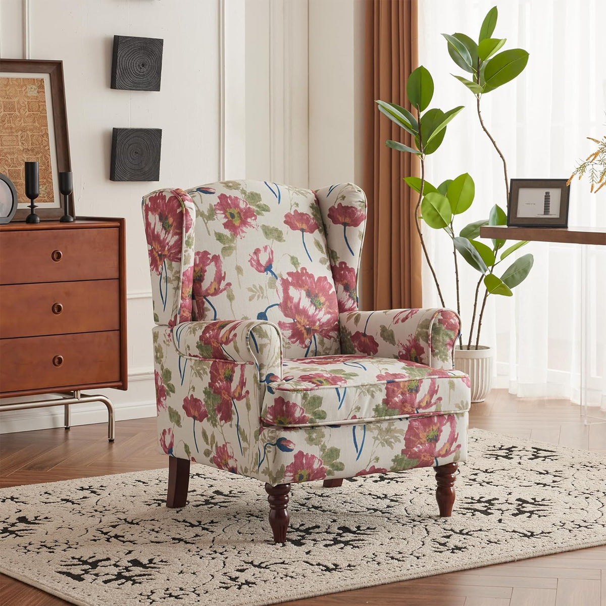 EROMMY 2PCS Fabric Accent Chairs, Modern Upholstered Armchairs, Pink Floral