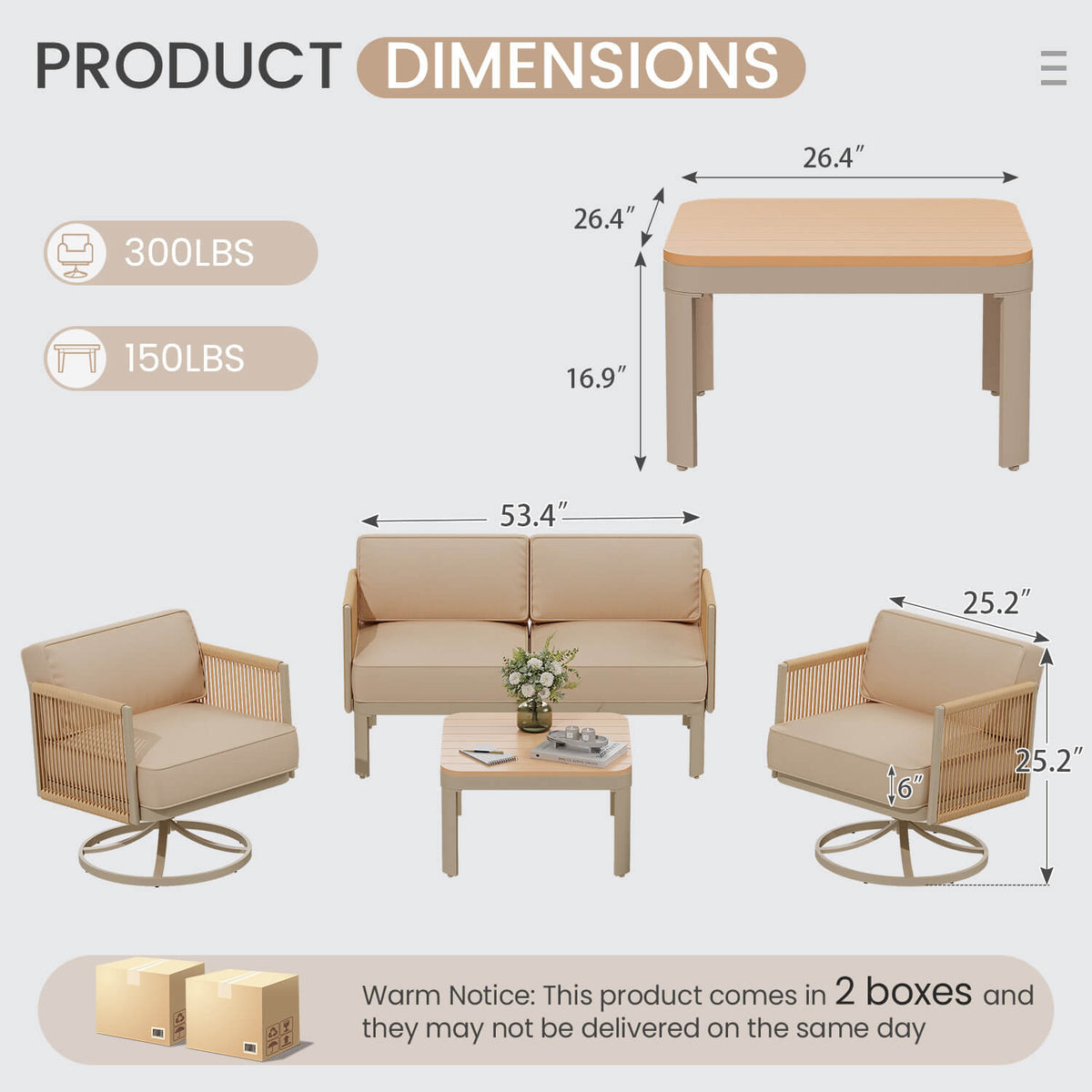 EROMMY 4 Piece Patio Furniture Set,Swivel Glider Rocking Chairs with 6" Thick Cushions, Loveseat & Coffee Table, Beige
