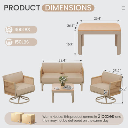 EROMMY 4 Piece Patio Furniture Set,Swivel Glider Rocking Chairs with 6" Thick Cushions, Loveseat & Coffee Table, Beige