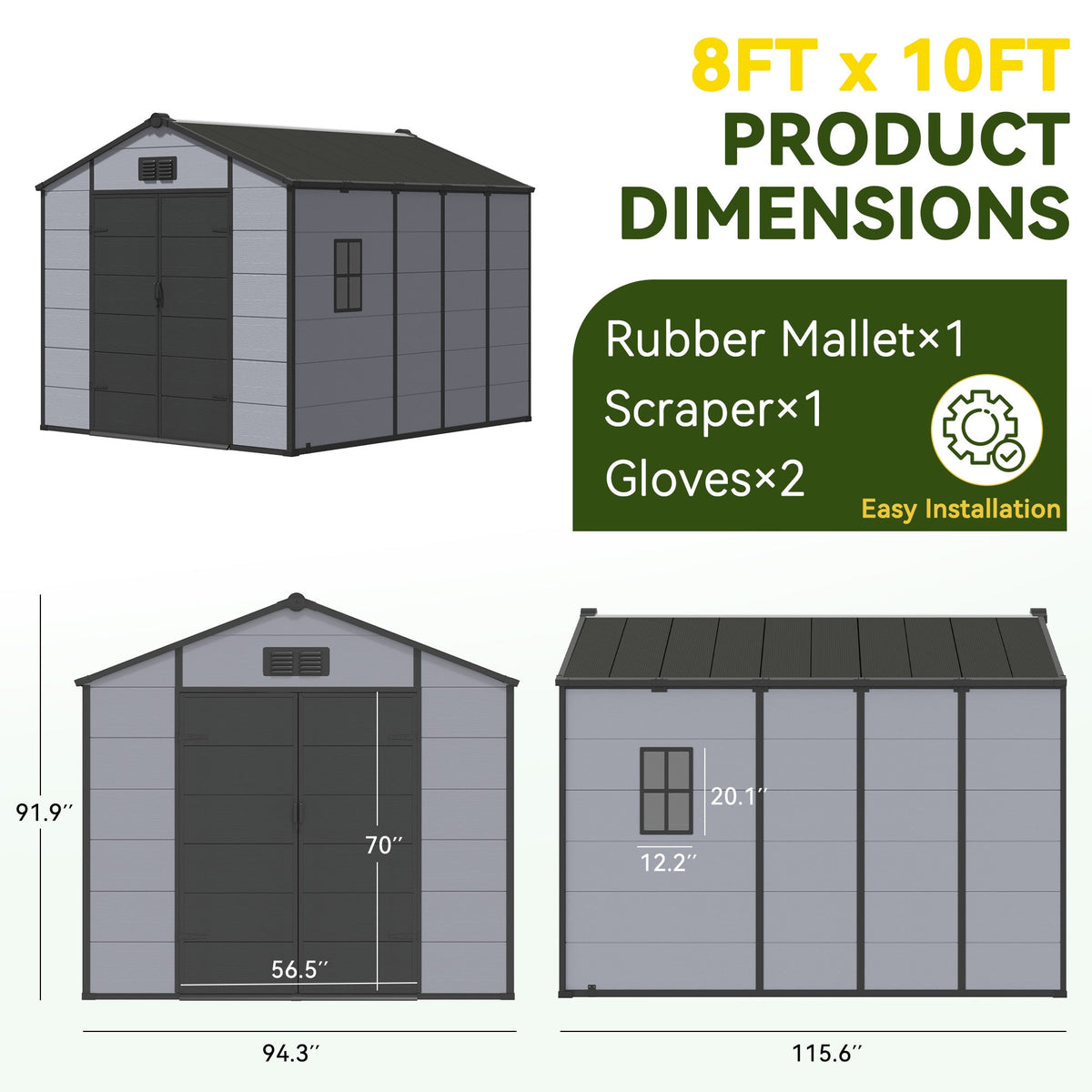 Erommy 8x10 FT Outdoor Storage Shed, Weather-Resistant Shed with Lockable Double Doors & Built-In Floor, Sloped Roof Outdoor Shed for Backyard, Patio & Lawn, Black