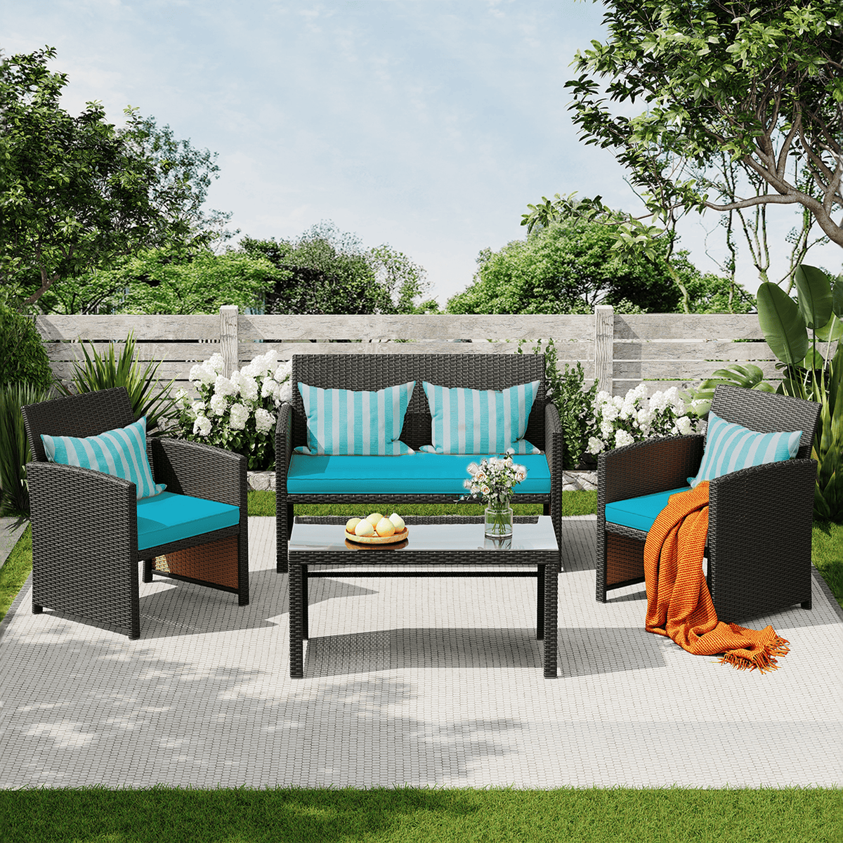 EROMMY 4-Piece Patio Furniture Set, Outdoor Wicker Patio Conversation Set with Cushions, Sofa & Glass Coffee Table, Blue