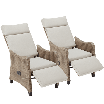 EROMMY Outdoor Wicker Recliner Chairs Set of 2 with Adjustable Backrest & Footrest, Light Gray