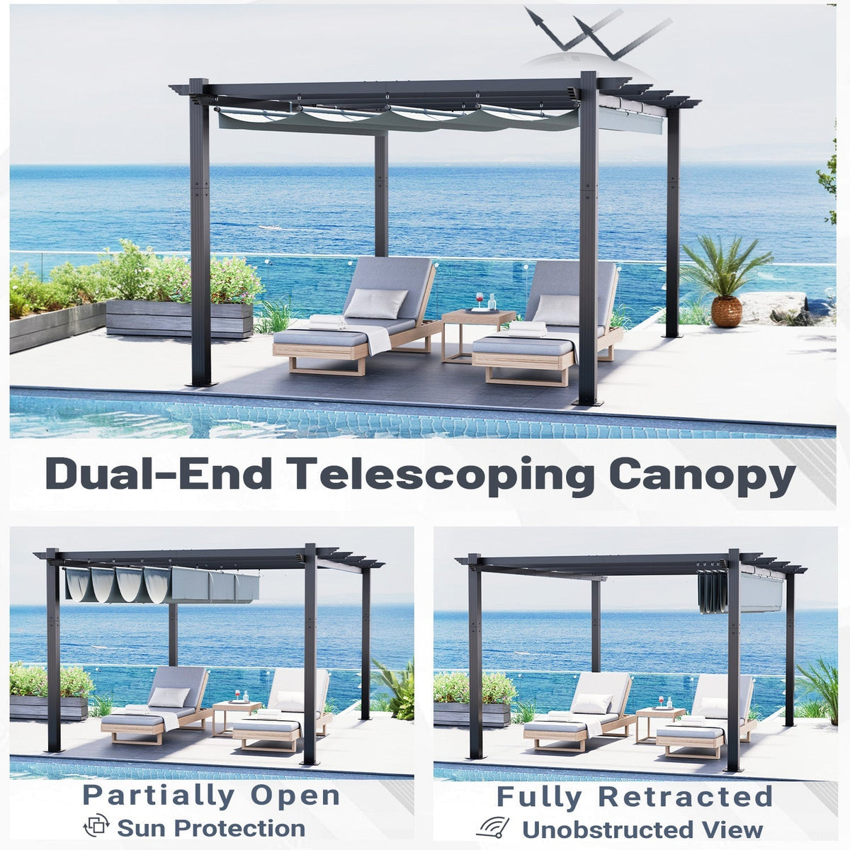 EROMMY Retractable Pergola 12x16 Ft, Outdoor Aluminum Shelter with Dual Adjustable Sun Shade Canopy for Patio Backyard, Locking System Includes Straps & Screws (Gray)