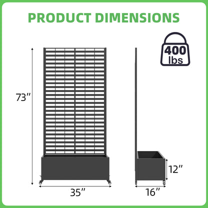 EROMMY Metal Planter Box with Trellis, 73"x 35"x 16" Raised Garden Bed with Wheels and Drainage Holes, Planter with Trellis for Garden, Balcony and Patio, Black Louvered