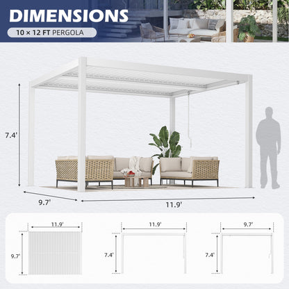 EROMMY 10' x 12' Outdoor Pergola with Adjustable Louvered Roof & Integrated Drainage, Heavy-Duty Metal Louvered Pergola for Patios, White
