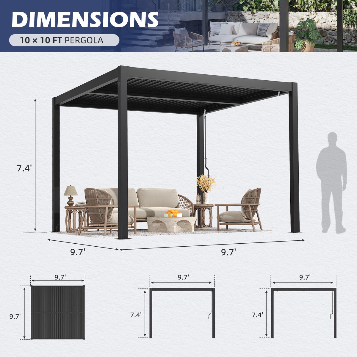 EROMMY 10' x 10' Outdoor Pergola with Adjustable Louvered Roof & Integrated Drainage, Black