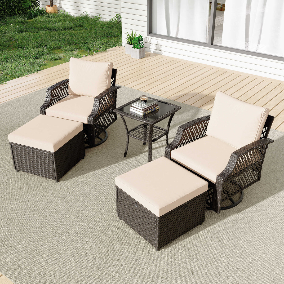 EROMMY 5 Piece Patio Furniture Set, Outdoor Wicker Swivel Chair Set with Ottomans and Side Table (Khaki)
