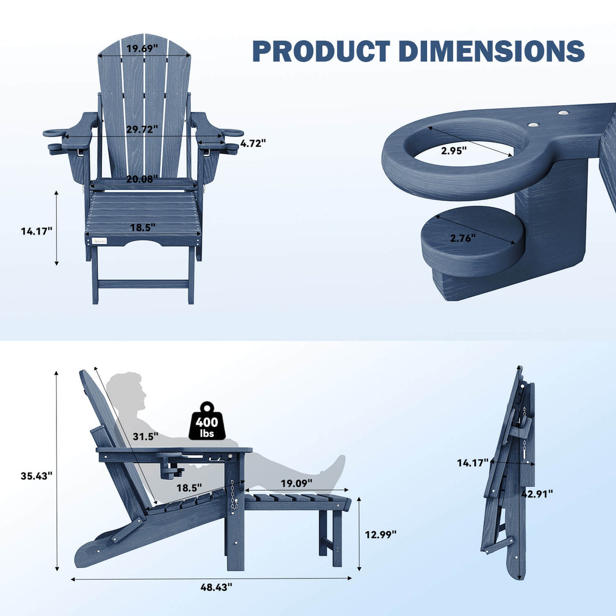 EROMMY 3-Level  Adjustable Adirondack Chair with Retractable Ottoman, Folding HDPE Outdoor Chair with Cup Holders, Navy Blue