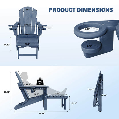 EROMMY 3-Level  Adjustable Adirondack Chair with Retractable Ottoman, Folding HDPE Outdoor Chair with Cup Holders, Navy Blue