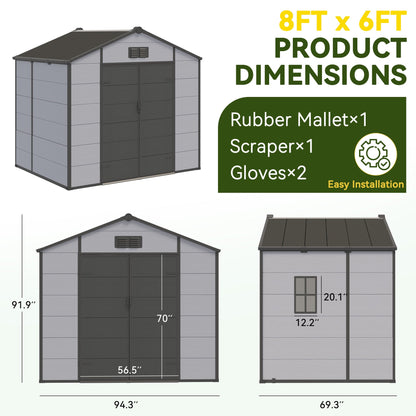 8x6 FT Outdoor Storage Shed, Weather-Resistant Shed with Lockable Double Doors & Built-In Floor, Sloped Roof Outdoor Shed for Backyard, Patio & Lawn, Black