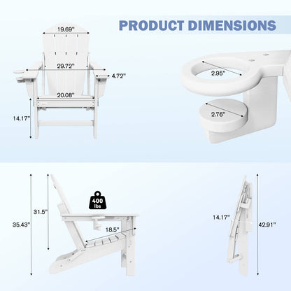 EROMMY 3-Position Adjustable Adirondack Chairs Set of 4, 400LBS HDPE Folding Outdoor Chairs with Cup Holder, White