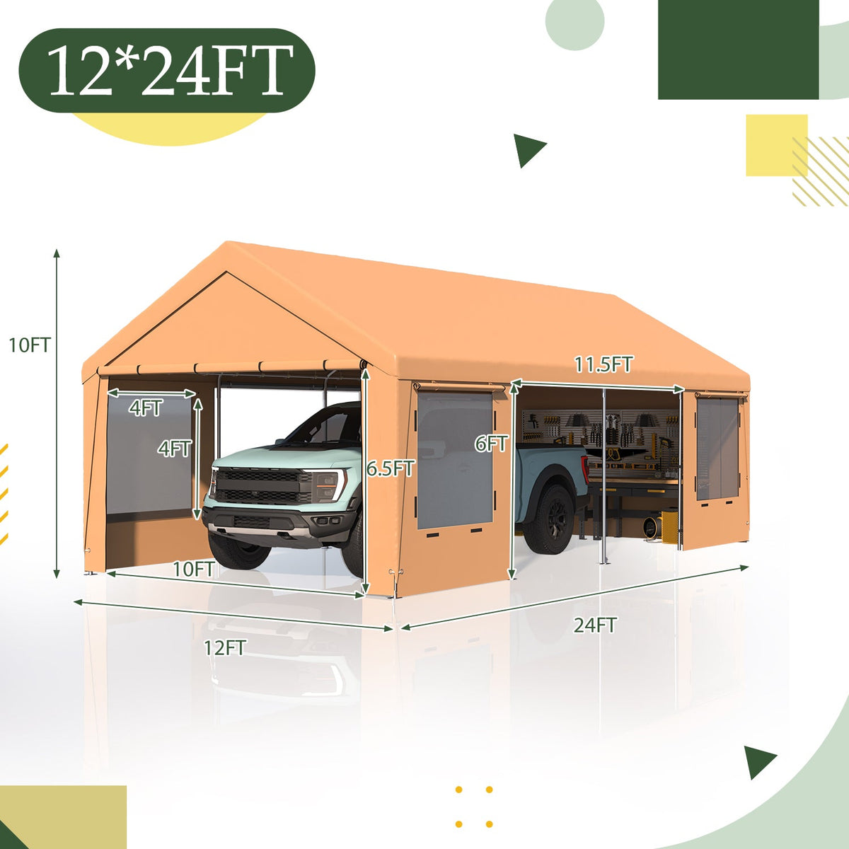 EROMMY 12' x 24' Heavy Duty Carport，Portable Garage with UV Protection & Steel Frame, Car Port with Removable Sidewalls, All-Season Car Canopy for Tractor, Truck, Boat, Yellow