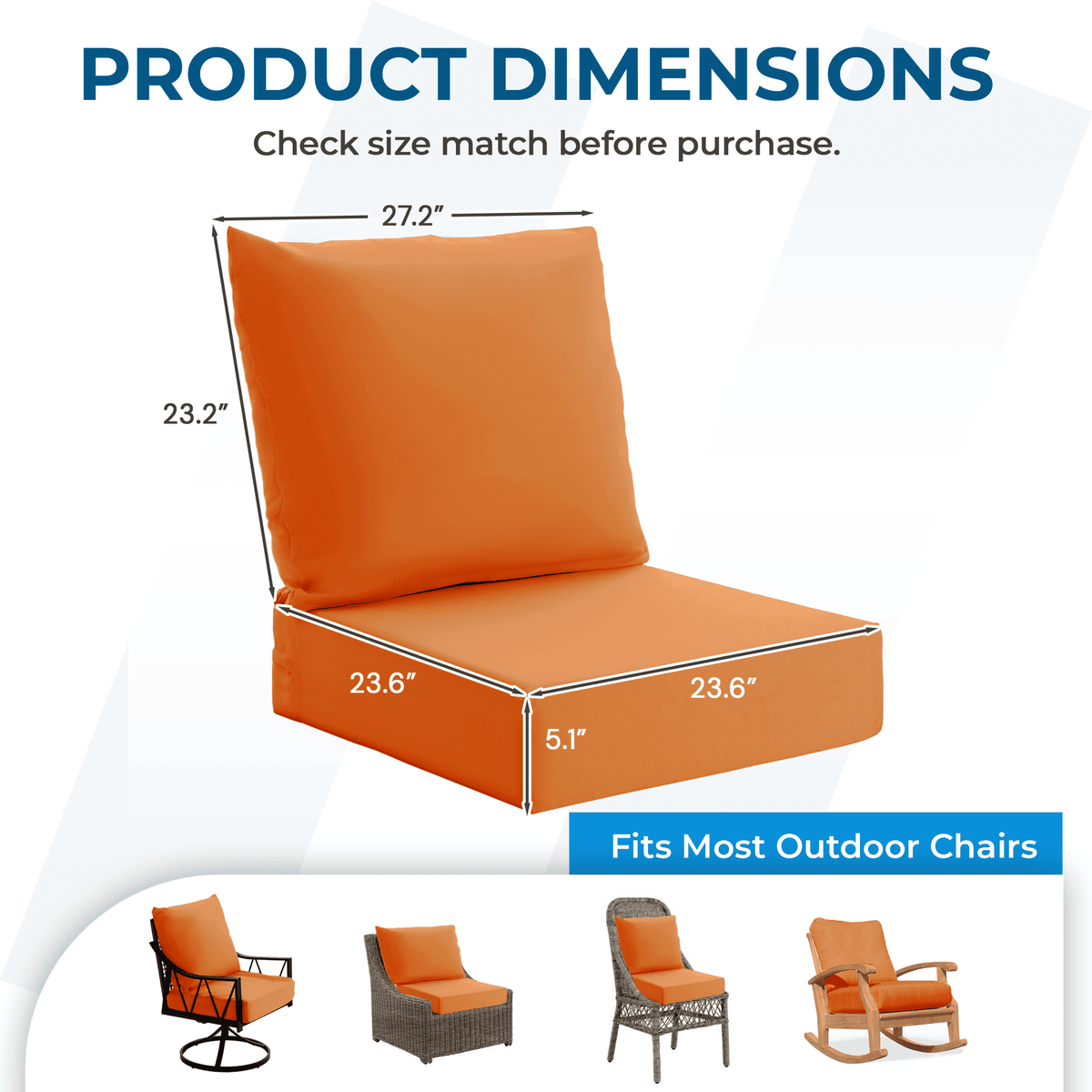 EROMMY Patio Furniture Cushions with Handle and Ties, Waterproof, Fade-resistant Outdoor Couch Cushion, Chair Pads for Dining Chairs, Orange