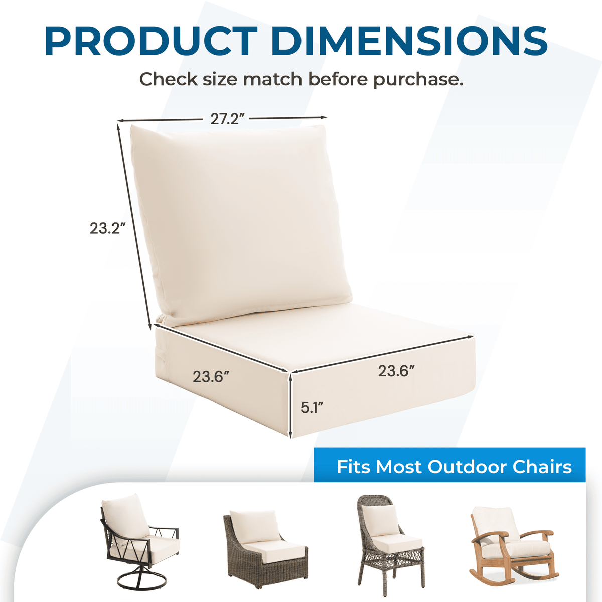 EROMMY Patio Furniture Cushions Set of 2 with Handle and Ties, Waterproof Fade-Resistant Outdoor Couch Cushions, Chair Pads for Dining Chairs, Beige