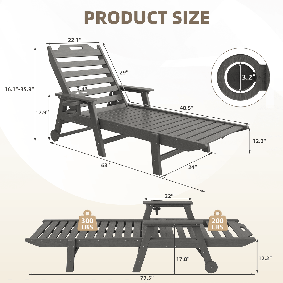 EROMMY 24" W Oversized Chaise Lounge Chairs Set of 2, Adjustable HDPE Outdoor Chairs with Wheels & Cup Holder, Dark Grey