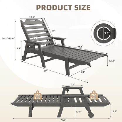 EROMMY 24" W Oversized Chaise Lounge Chairs Set of 2, Adjustable HDPE Outdoor Chairs with Wheels & Cup Holder, Dark Grey