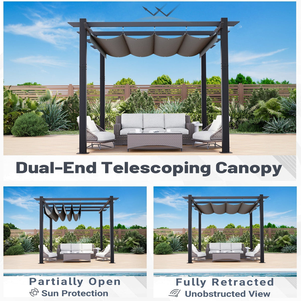 EROMMY Retractable Pergola 10x12 Ft, Upgraded Sun Shade with Waterproof Canopy, Durable Metal Patio Shelter with Magnetic Attachment for Backyard Garden Deck (Gary)