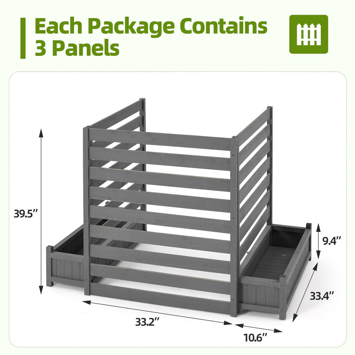 EROMMY No-Dig Privacy Fence with Planter Box - 3 Panels, 33" W x 39" H Durable Outdoor Patio Wood Screen for AC Unit, Trash Hide & Floral Garden Bed, Grey