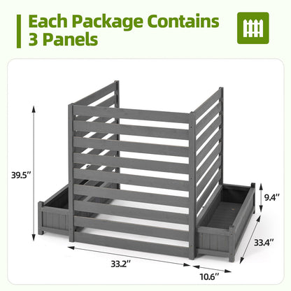 EROMMY No-Dig Privacy Fence with Planter Box - 3 Panels, 33" W x 39" H Durable Outdoor Patio Wood Screen for AC Unit, Trash Hide & Floral Garden Bed, Grey