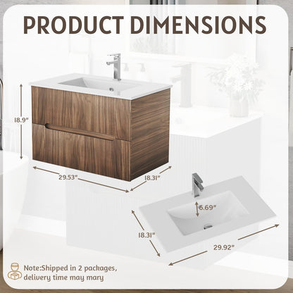 EROMMY 30 Inch Bathroom Vanity with Sink, Floating Bathroom Vanity with Ceramic Basin, Wall Mounted Bathroom Sink Cabinet Set with Soft-Close 2 Drawers, Faucet & Pop Up Drain, Walnut