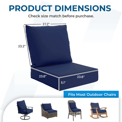 EROMMY Patio Furniture Cushions Set of 2 with Handle and Ties, Waterproof Fade-Resistant Outdoor Couch Cushions, Chair Pads for Dining Chairs, Navy blue