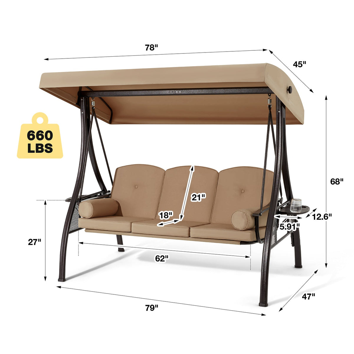 EROMMY 3-Seat Outdoor Porch Swing with Adjustable Canopy and Backrest, Brown
