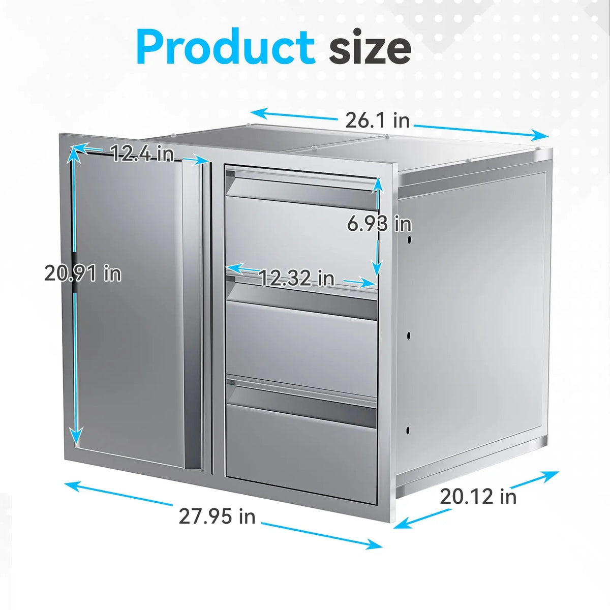 EROMMY Outdoor Kitchen Drawer and Trash Bin Combo - 28"Wx20"Dx23"H Built-in 304 Stainless Steel Cabinet with Triple Drawers & Pull-Out Trash Drawer, Silver