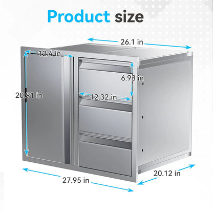 EROMMY Outdoor Kitchen Drawer and Trash Bin Combo - 28"Wx20"Dx23"H Built-in 304 Stainless Steel Cabinet with Triple Drawers & Pull-Out Trash Drawer, Silver