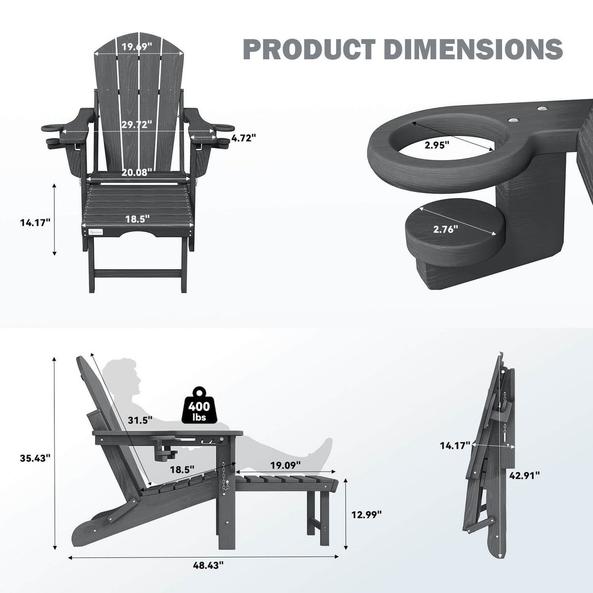 EROMMY 3-Level  Adjustable Adirondack Chair with Retractable Ottoman, Folding HDPE Outdoor Chair with Cup Holders, Gray