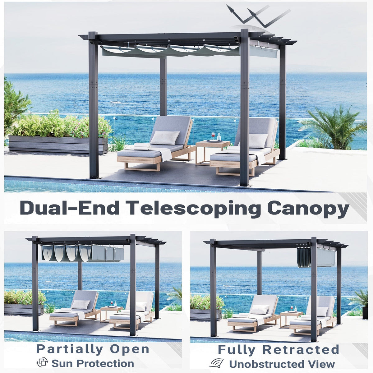 EROMMY Retractable Pergola 10x13 Ft, Outdoor Aluminum Shelter with Dual Adjustable Sun Shade Canopy for Patio Backyard, Locking System Includes Straps & Screws (Gray)