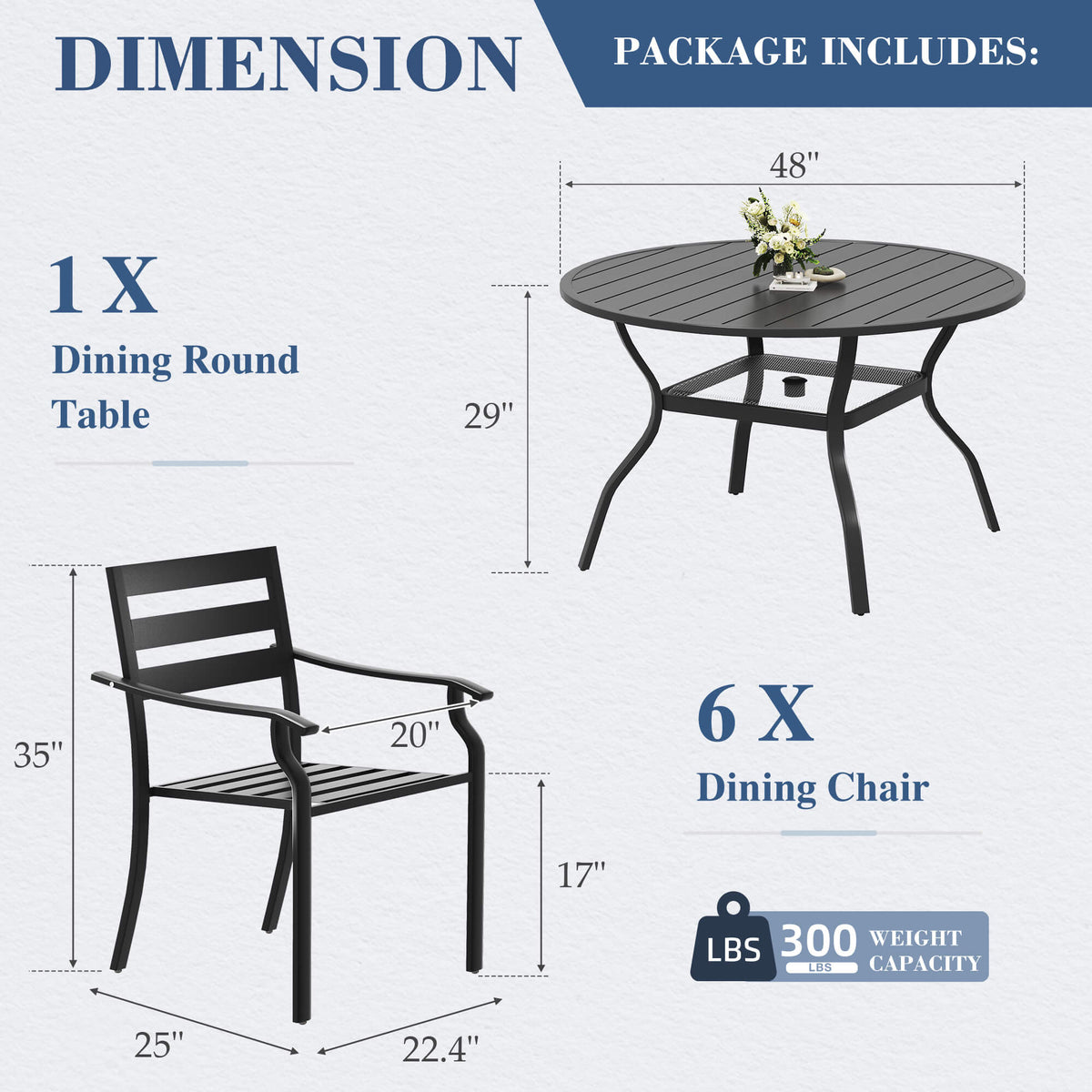 EROMMY 7-Piece Outdoor Patio Dining Set for 6, Round Metal Table with Umbrella Hole & Stackable Chairs