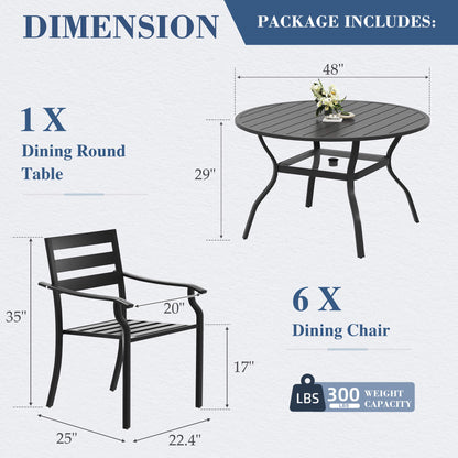 EROMMY 7-Piece Outdoor Patio Dining Set for 6, Round Metal Table with Umbrella Hole & Stackable Chairs