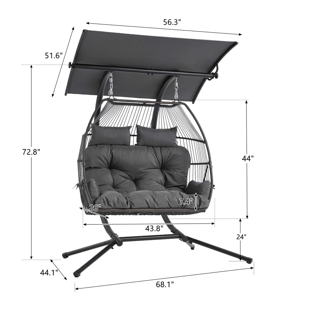 EROMMY Double Hanging Egg Chair with Stand, Wicker Loveseat Swing, Gray